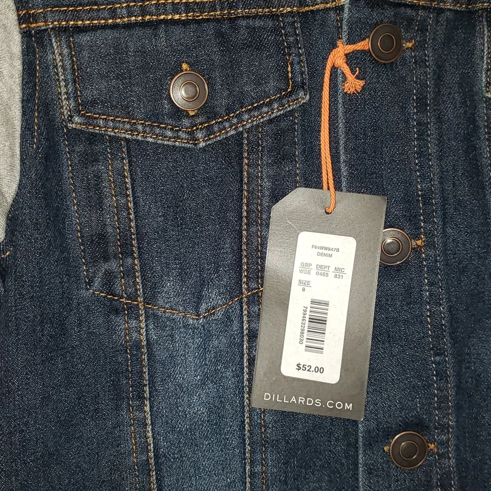 NWT First Wave Denim Jacket with Gray Cotton Sleeves & Detachable Hood, Size 8